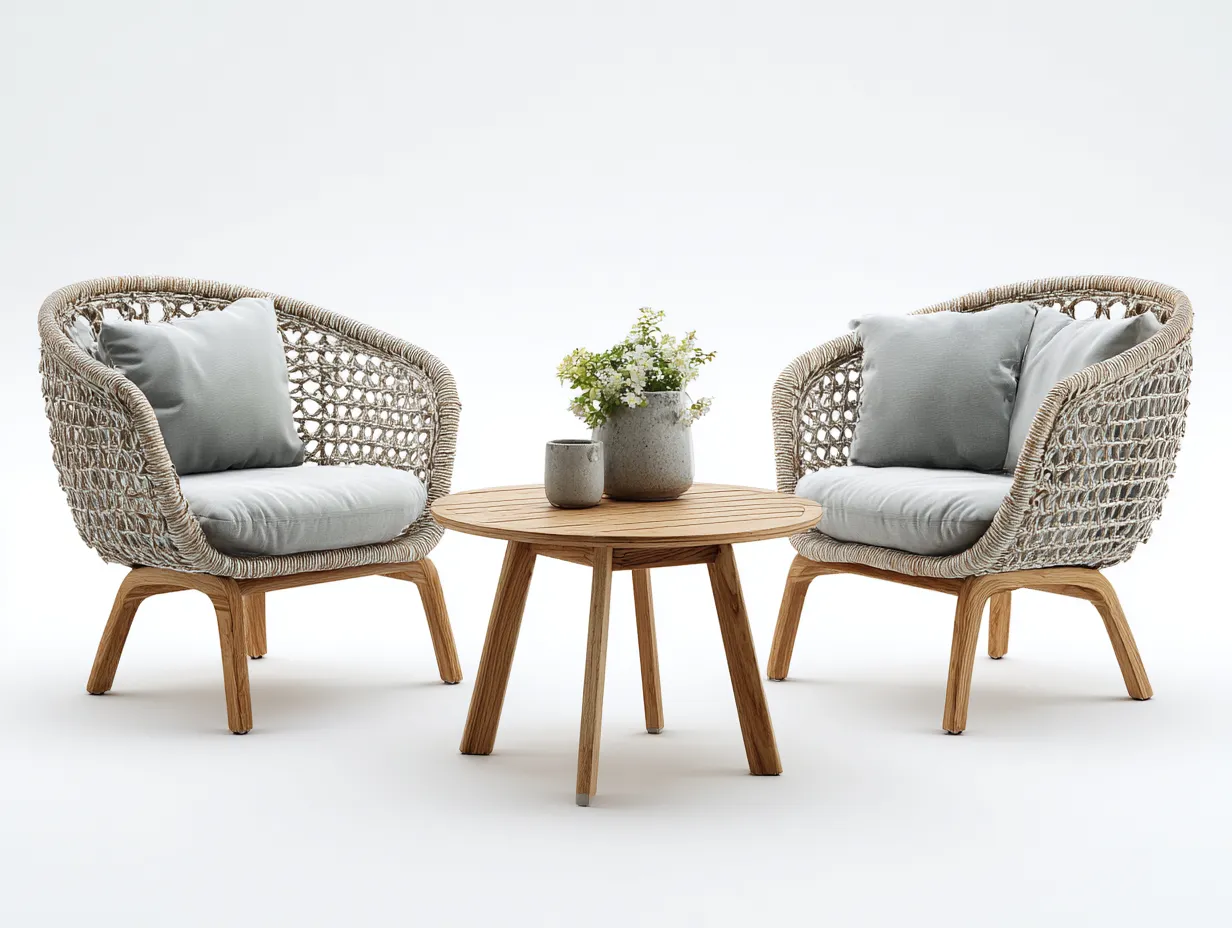 Salon de jardin pour terrasse en bois et corde tressée 60x60x45 cm - Table ronde et fauteuils - Naturel - Style extérieur-Havengetloft