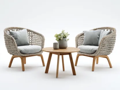 Salon de jardin pour terrasse en bois et corde tressée 60x60x45 cm - Table ronde et fauteuils - Naturel - Style extérieur-Havengetloft