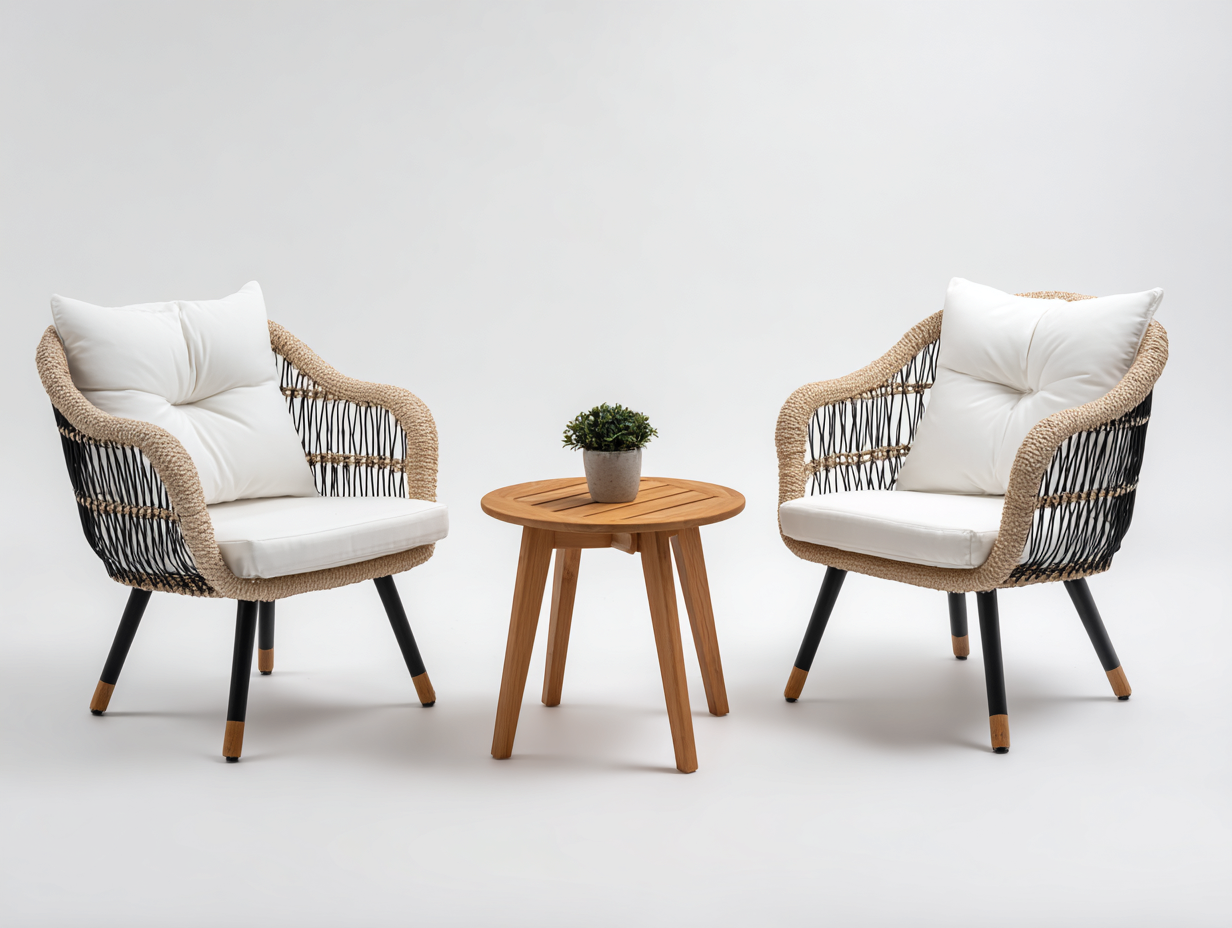 Salon de jardin pour terrasse avec table et fauteuils 70x70x75 cm - Bois naturel et fibres tressées - Style moderne-Havengetloft