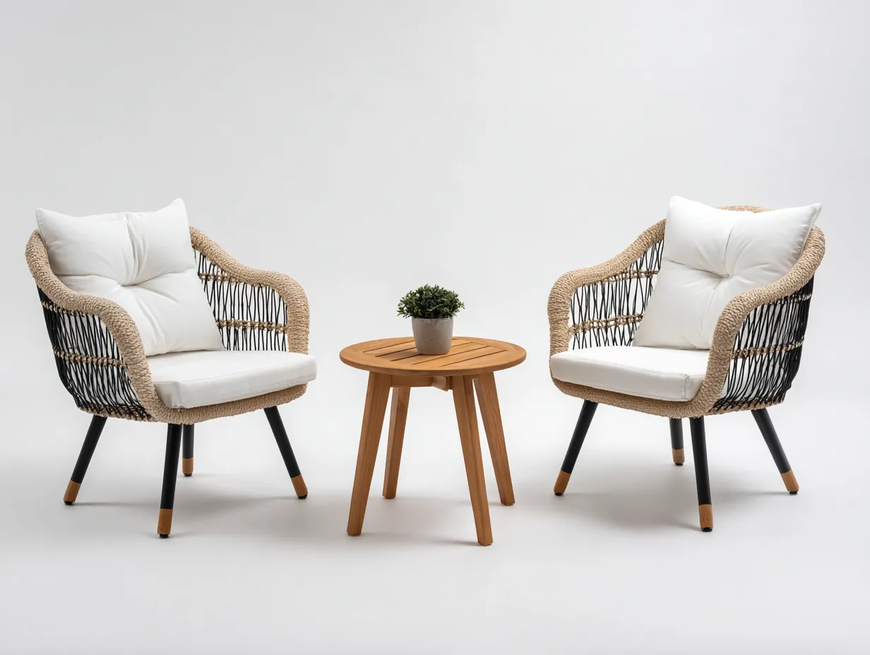 Salon de jardin pour terrasse avec table et fauteuils 70x70x75 cm - Bois naturel et fibres tressées - Style moderne-Havengetloft