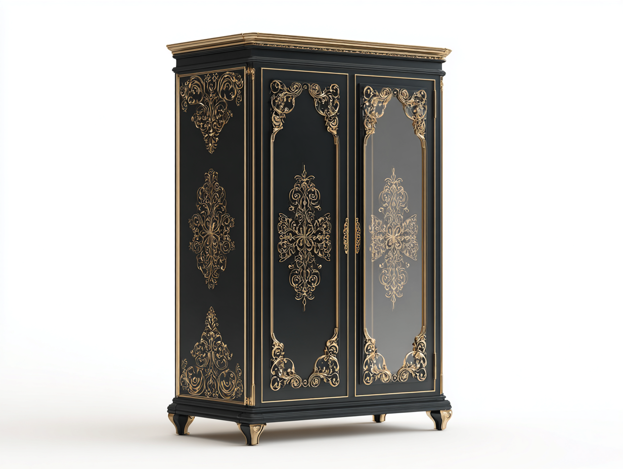 Armoire finition laquée décor sculpté avec portes battantes vitrées 120x55x200 cm - noir-or - style classique-Havengetloft