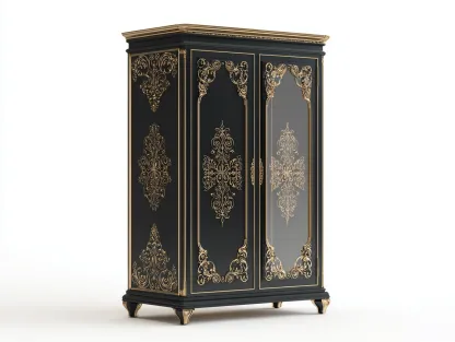Armoire finition laquée décor sculpté avec portes battantes vitrées 120x55x200 cm - noir-or - style classique-Havengetloft