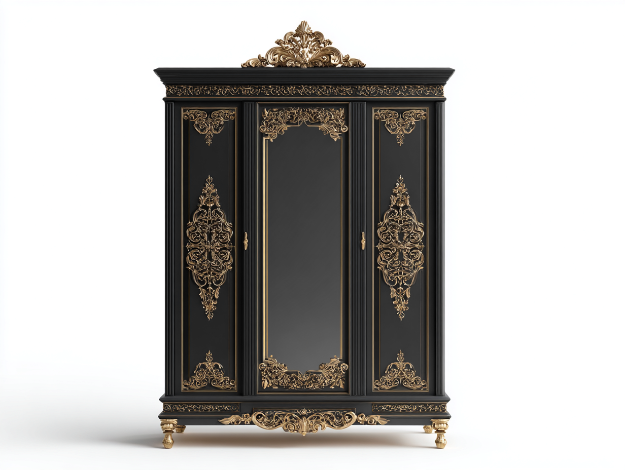 Armoire avec miroir et ornements décoratifs 160x60x210 cm - Noir et doré - Style classique-Havengetloft