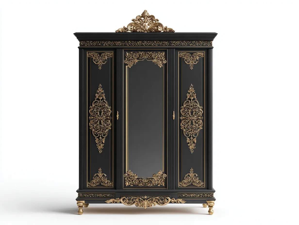 Armoire avec miroir et ornements décoratifs 160x60x210 cm - Noir et doré - Style classique-Havengetloft