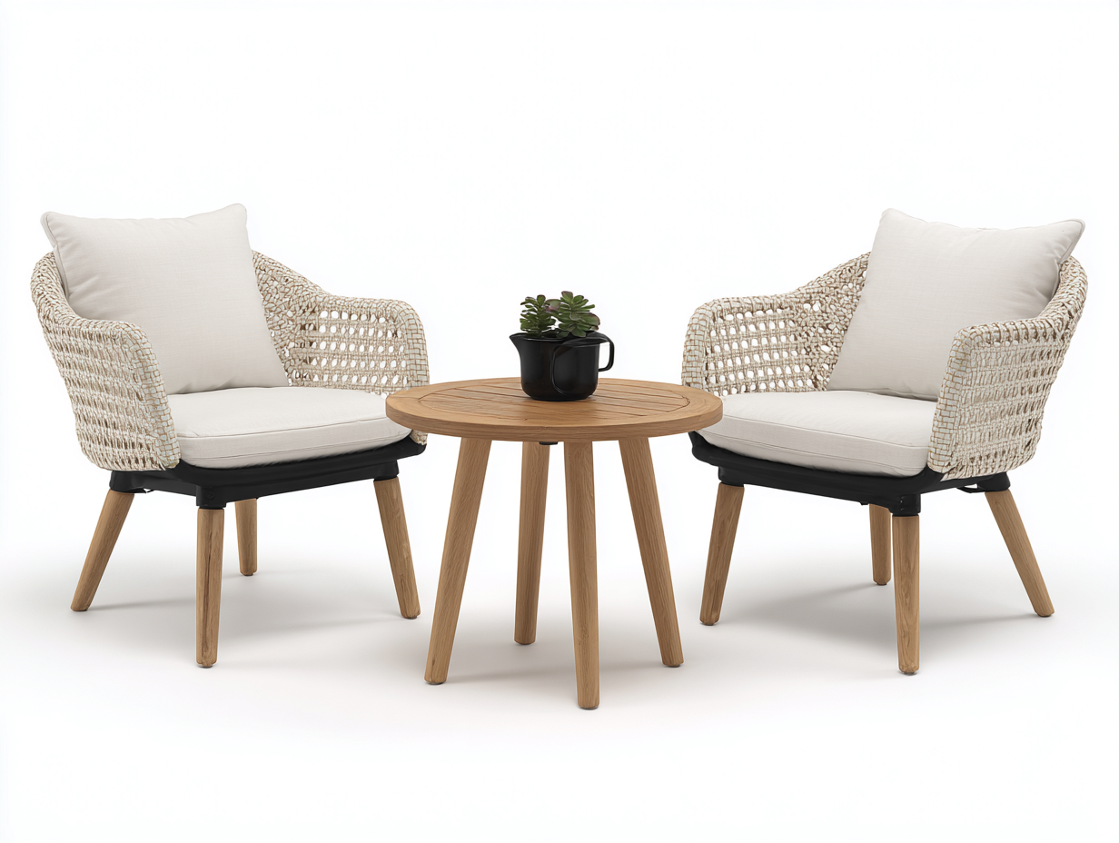 Salon de jardin pour terrasse en résine tressée et bois 70x65x75 cm et 60x60x45 cm - ensemble détente extérieur-Havengetloft