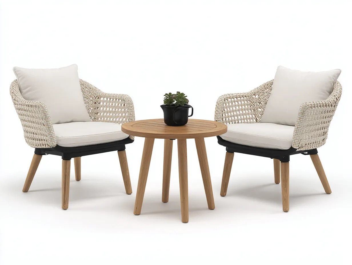 Salon de jardin pour terrasse en résine tressée et bois 70x65x75 cm et 60x60x45 cm - ensemble détente extérieur-Havengetloft