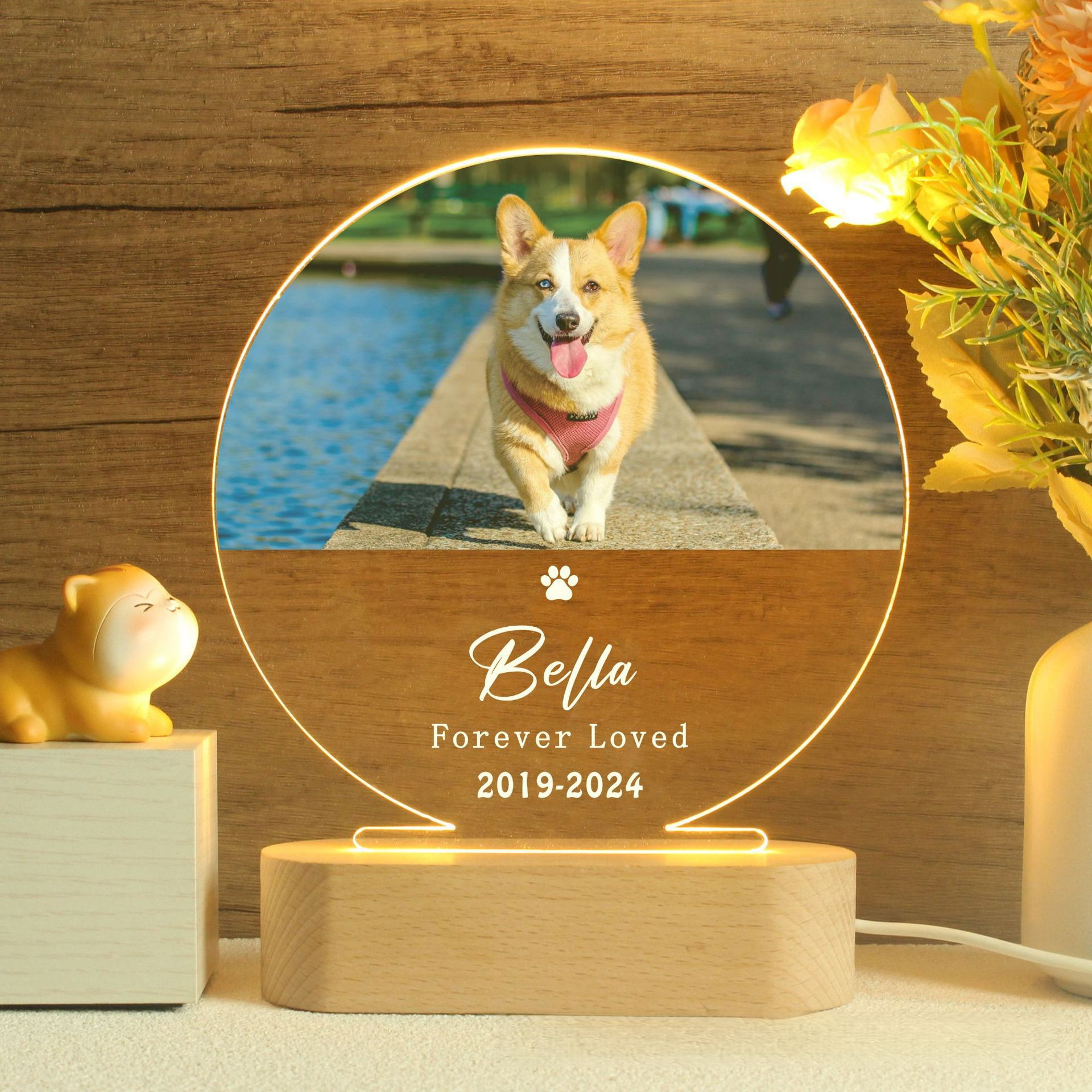 Personalized pet night light with custom name, decorative piece for bedroom or desk, commemorative gift for cats and dogs