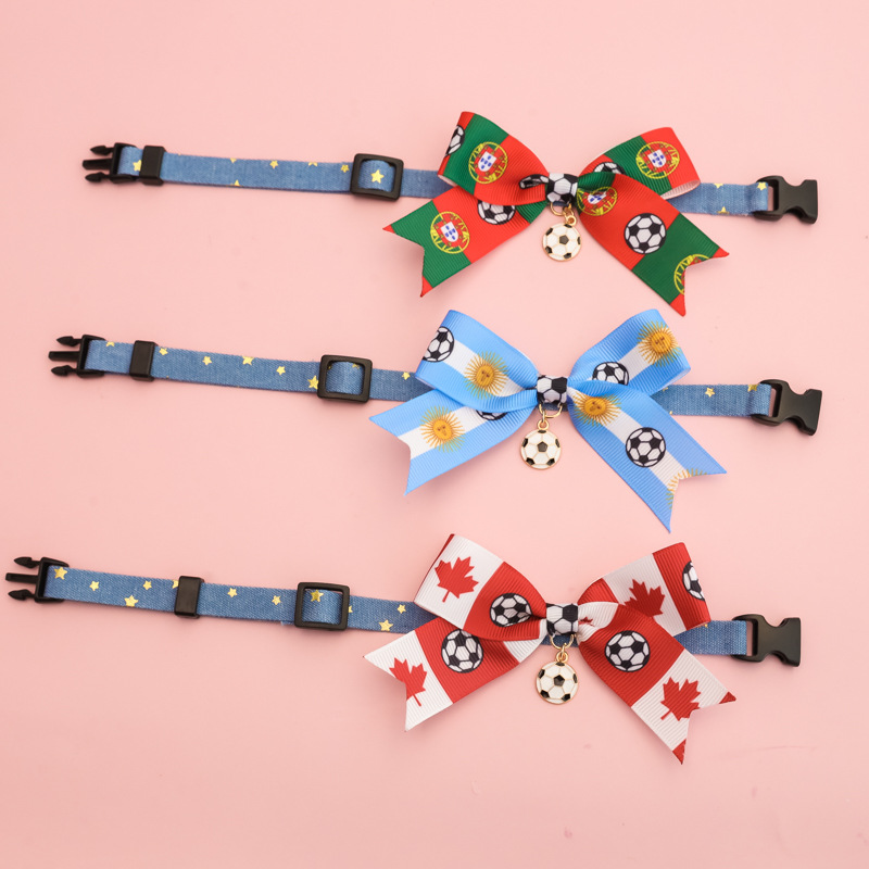 2026 World Cup Football Pet Collar for Kittens and Dogs with Bowknot Safety Buckle and National Team Flag Decoration