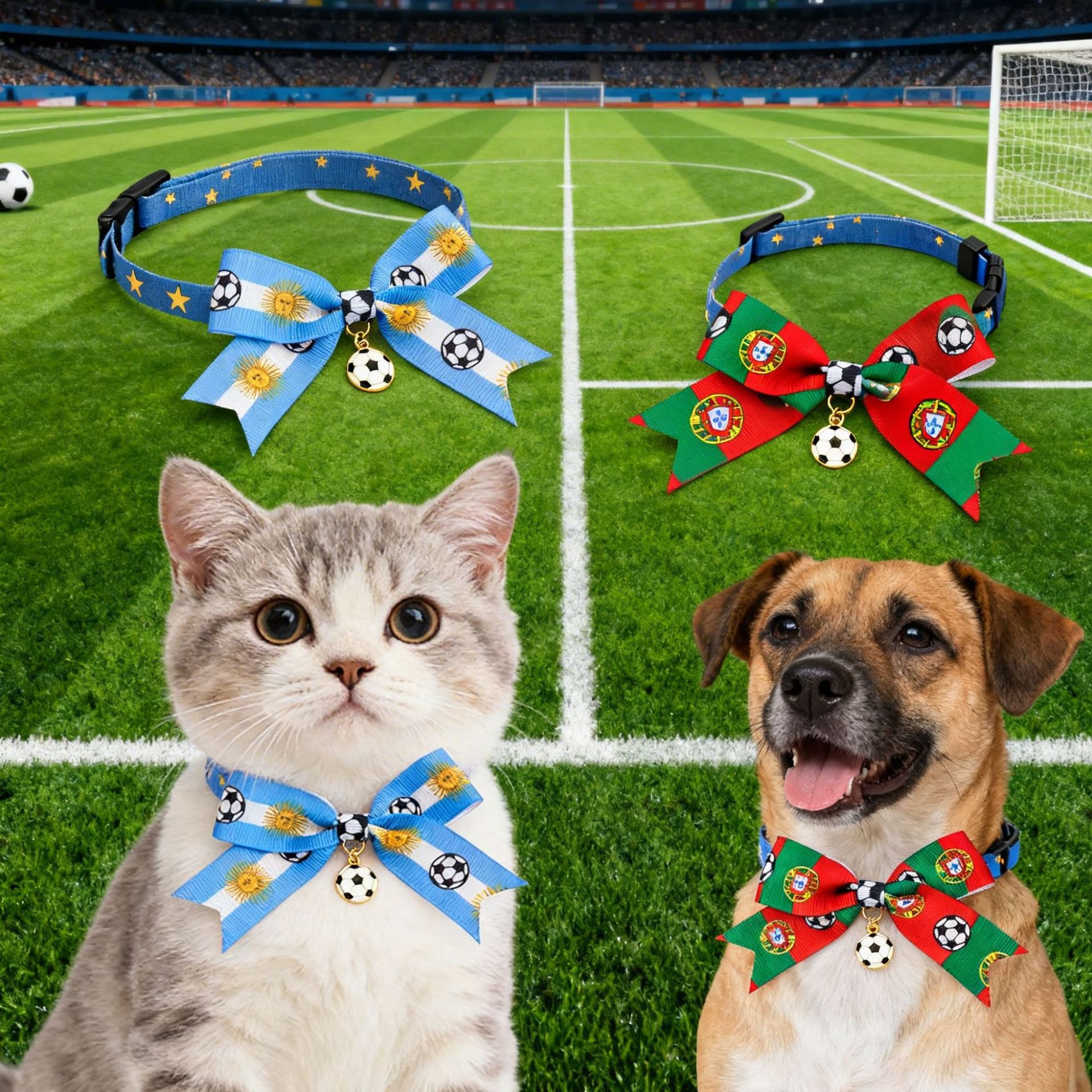 2026 World Cup Football Pet Collar for Kittens and Dogs with Bowknot Safety Buckle and National Team Flag Decoration