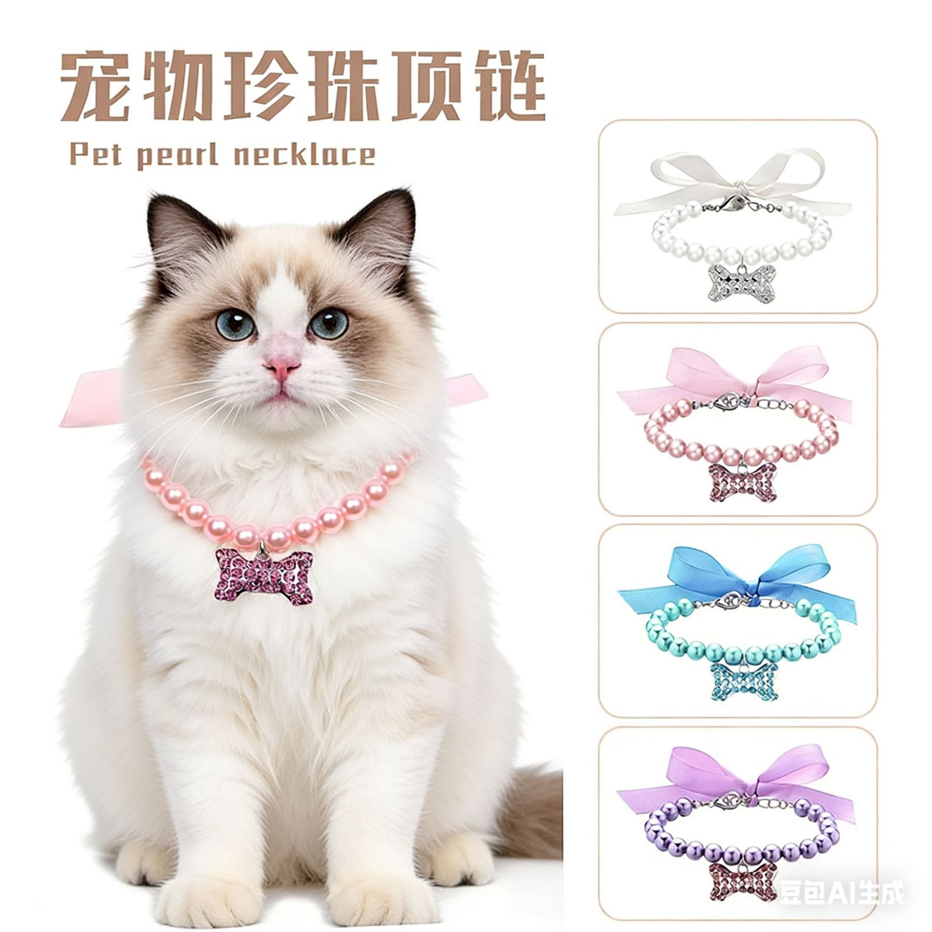 Bow tie collar, pearl fashion accessory collar, pet accessory, pearl bone pendant necklace, cat and dog collar