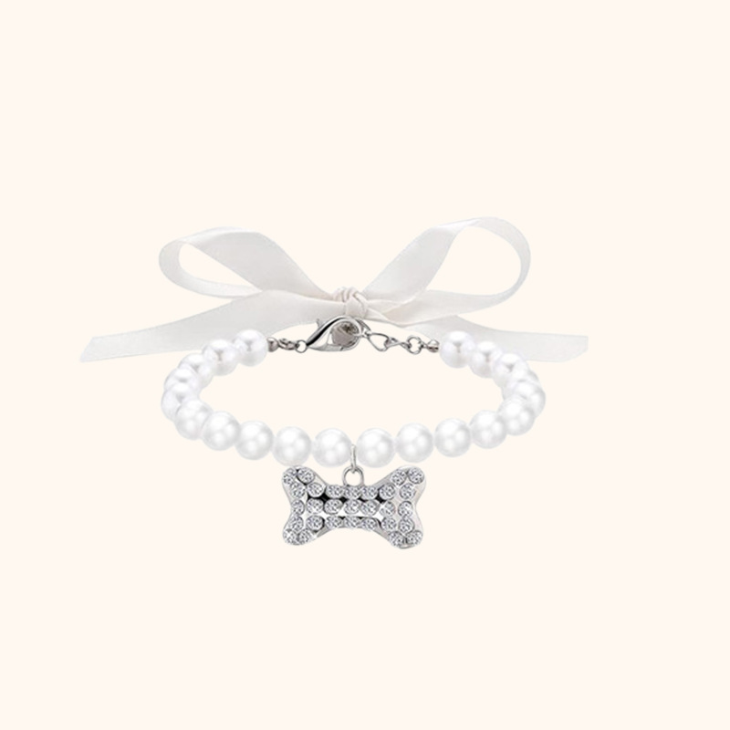 Bow tie collar, pearl fashion accessory collar, pet accessory, pearl bone pendant necklace, cat and dog collar
