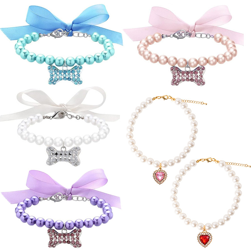 Bow tie collar, pearl fashion accessory collar, pet accessory, pearl bone pendant necklace, cat and dog collar