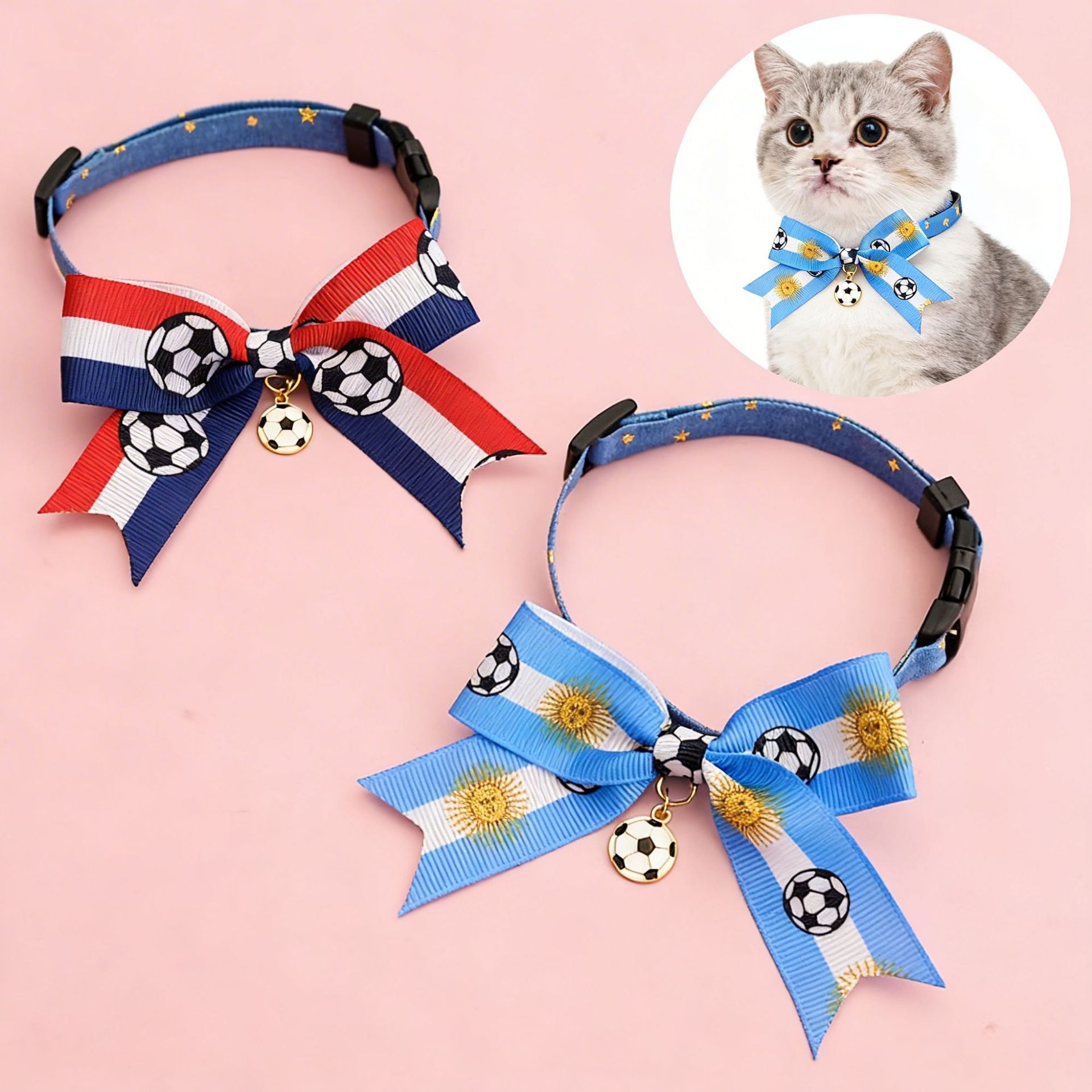 2026 World Cup Football Pet Collar for Kittens and Dogs with Bowknot Safety Buckle and National Team Flag Decoration