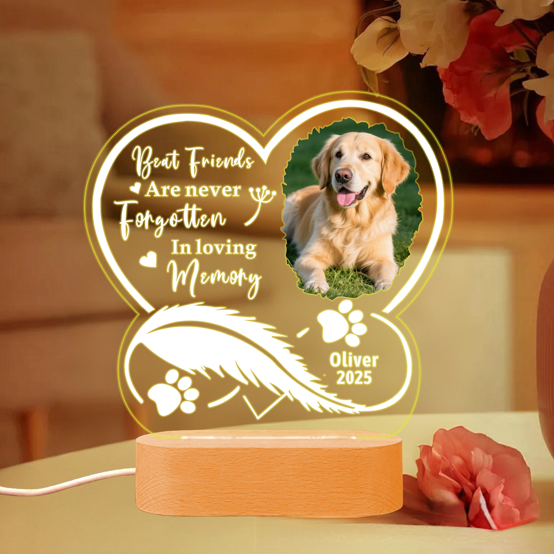Personalized pet night light with custom name, decorative piece for bedroom or desk, commemorative gift for cats and dogs