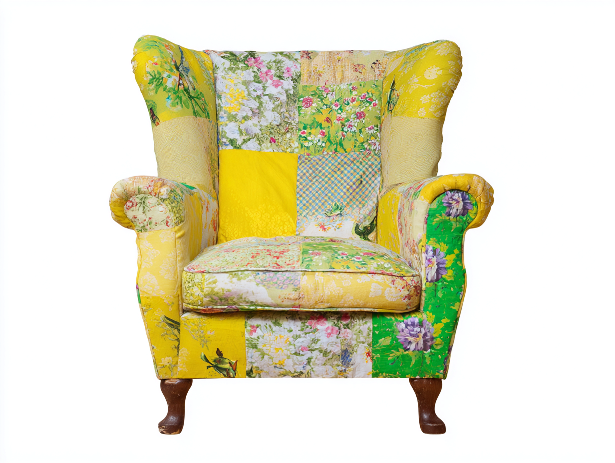Fauteuil tissu patchwork bois 82x78x105 cm - jaune-vert - style classique-Bamboomyyard