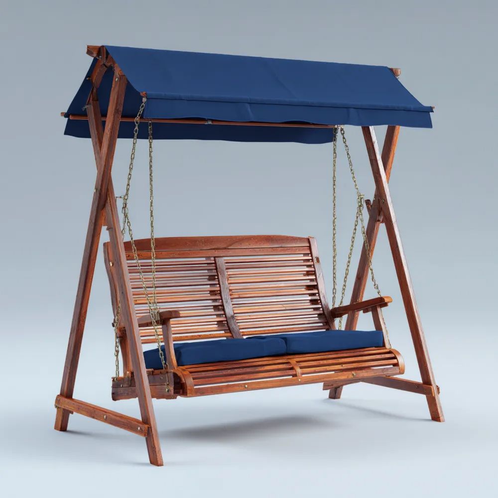 Gartenschaukel Holz 2-Sitzer - 170x110x160 cm - Braun/Blau - Mit Sonnendach