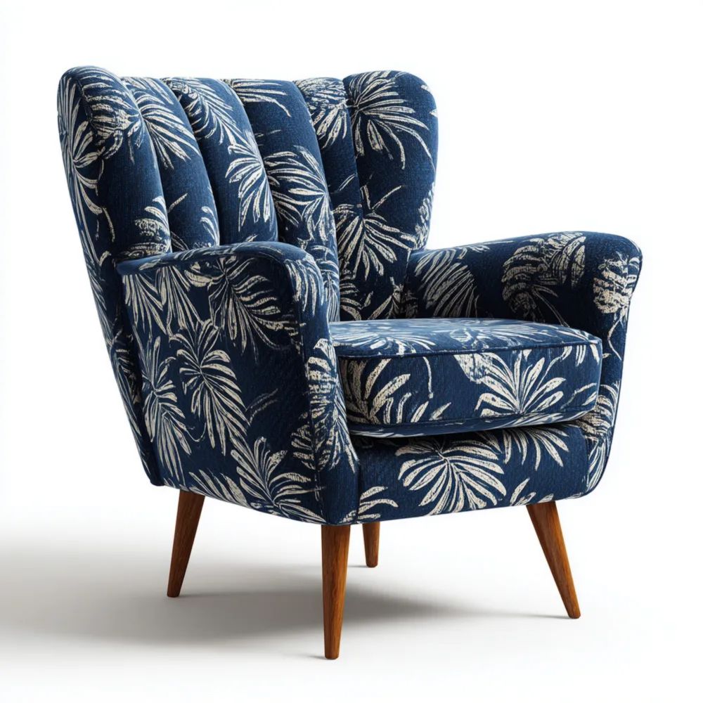 Retro Sessel 75x85x90 cm – Blaues Blumenmuster – Stoffbezug