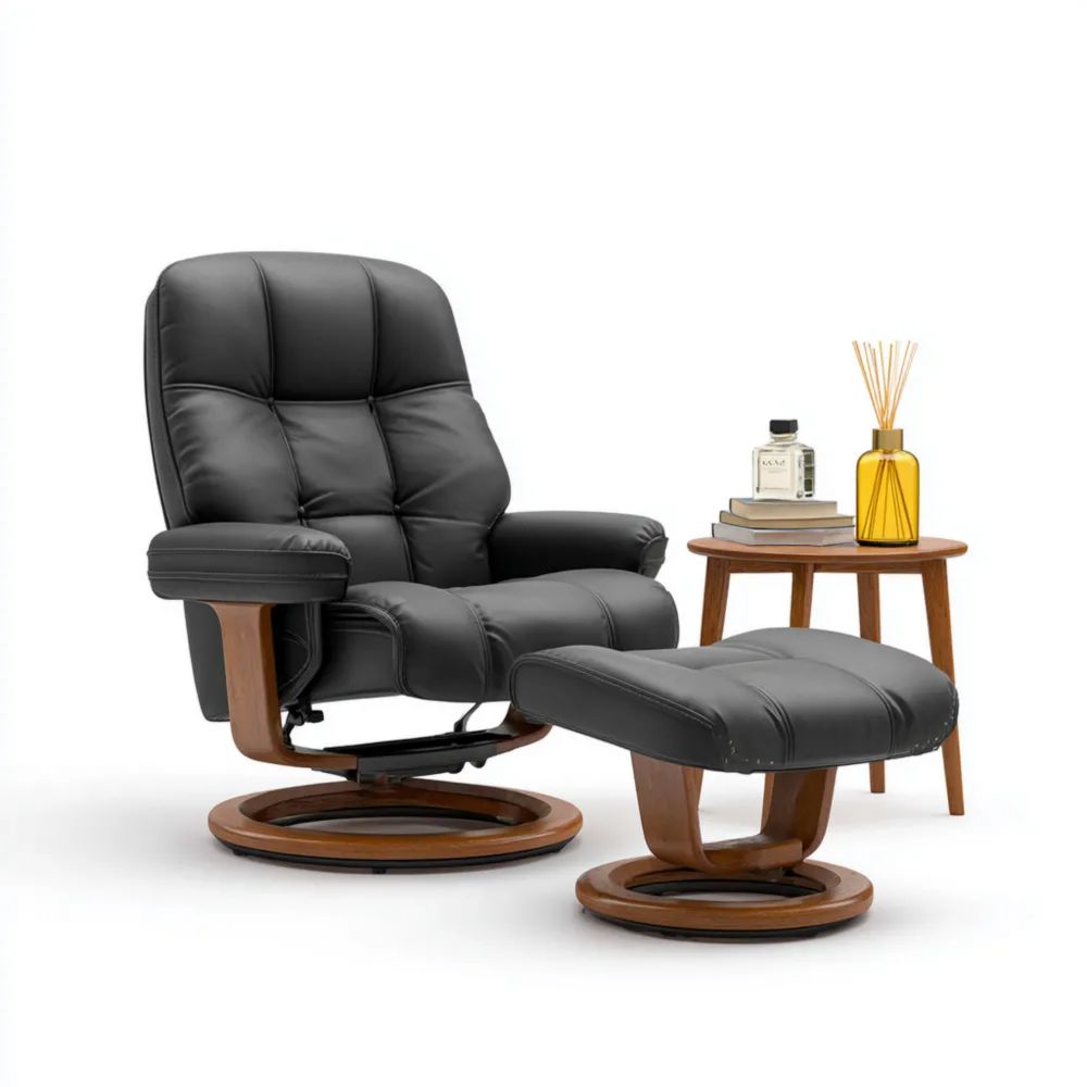 Relaxstuhl Lederbezug 100x90x80 cm – Schwarz – Verstellbar mit Hocker