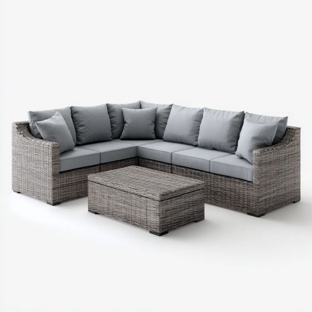 Ensemble de canapé d'extérieur en résine tressée 250x180 cm avec table basse 75x55x40 cm – Gris – Design contemporain