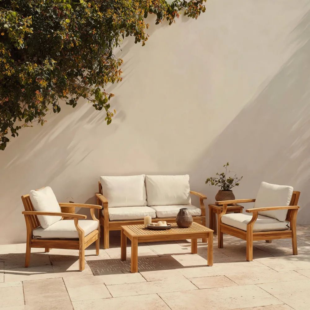 Ensemble de salon de jardin bois et coussins Blancs 140x78x75 cm - Design contemporain