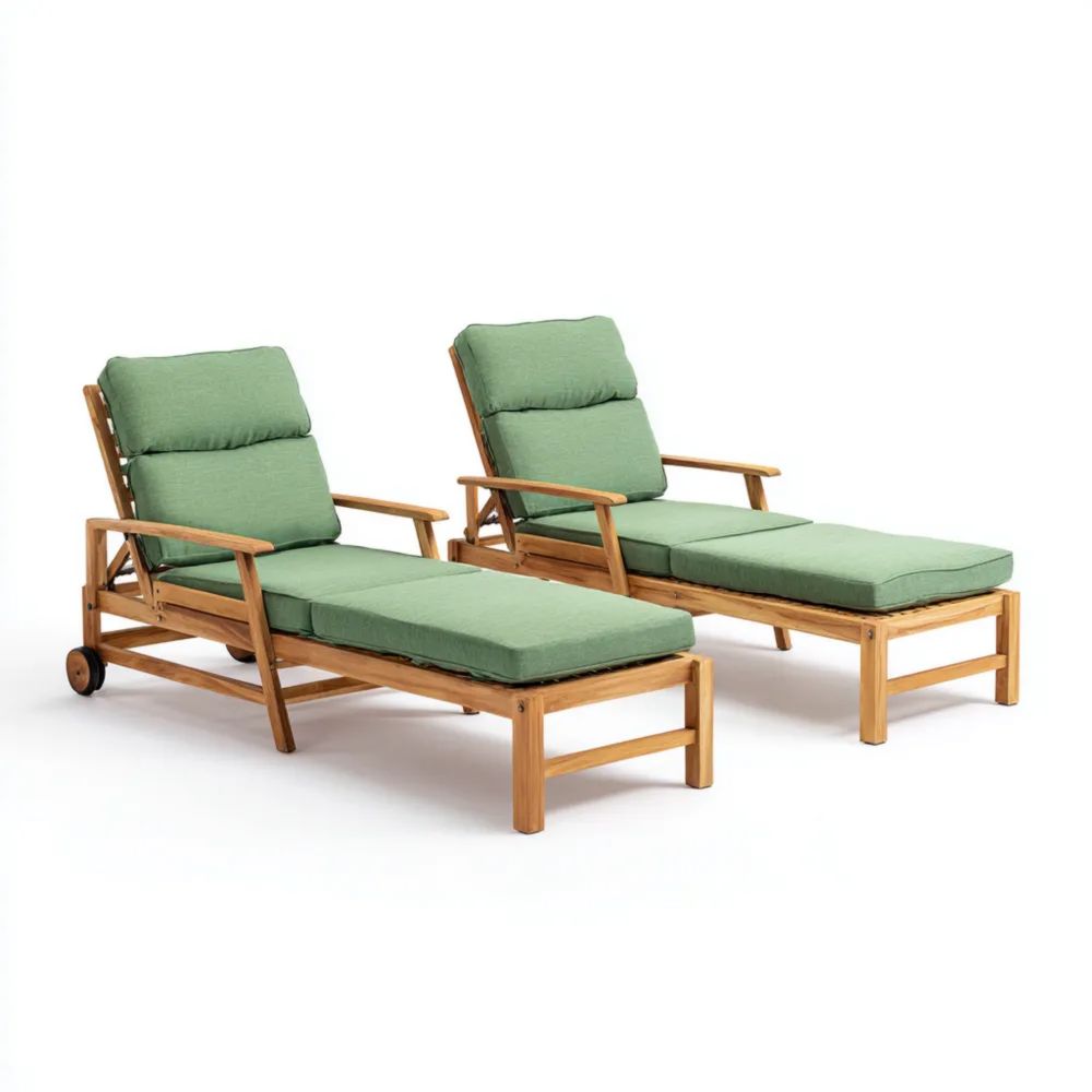 Chaises longues en bois de teck 200x65x90 cm avec coussins Vert pour jardin - Design moderne
