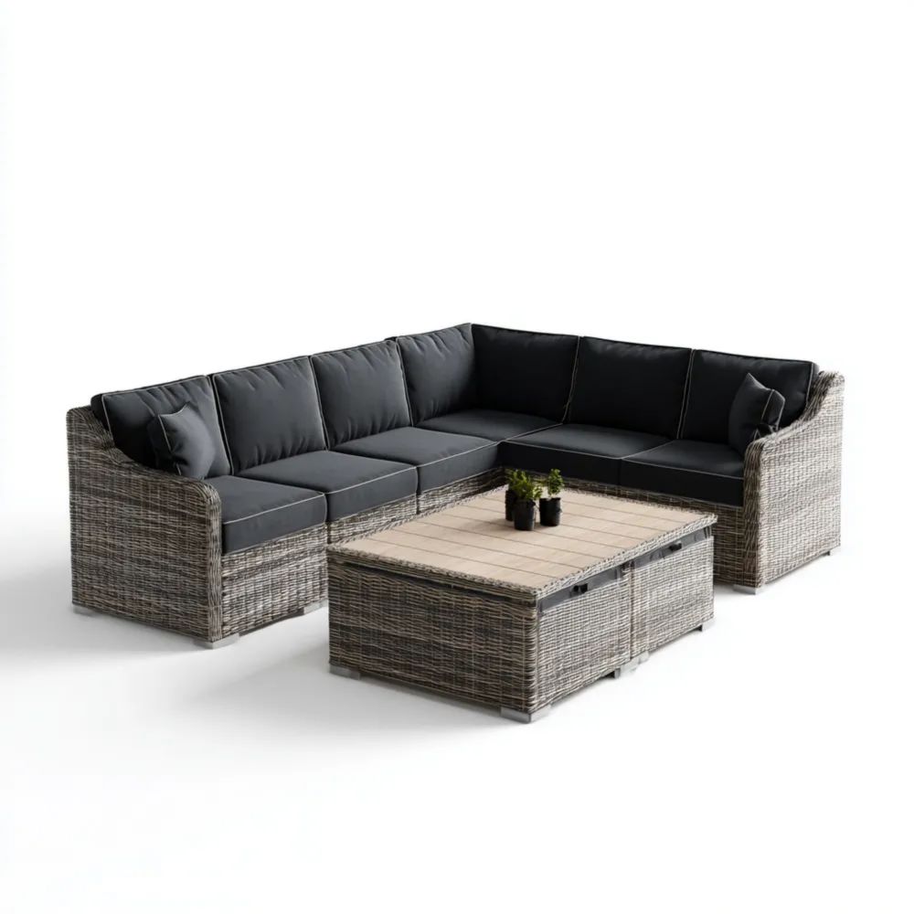 Ensemble de canapé de jardin en résine tressée 255x255x70 cm avec table 100x60x40 cm - Gris Foncé