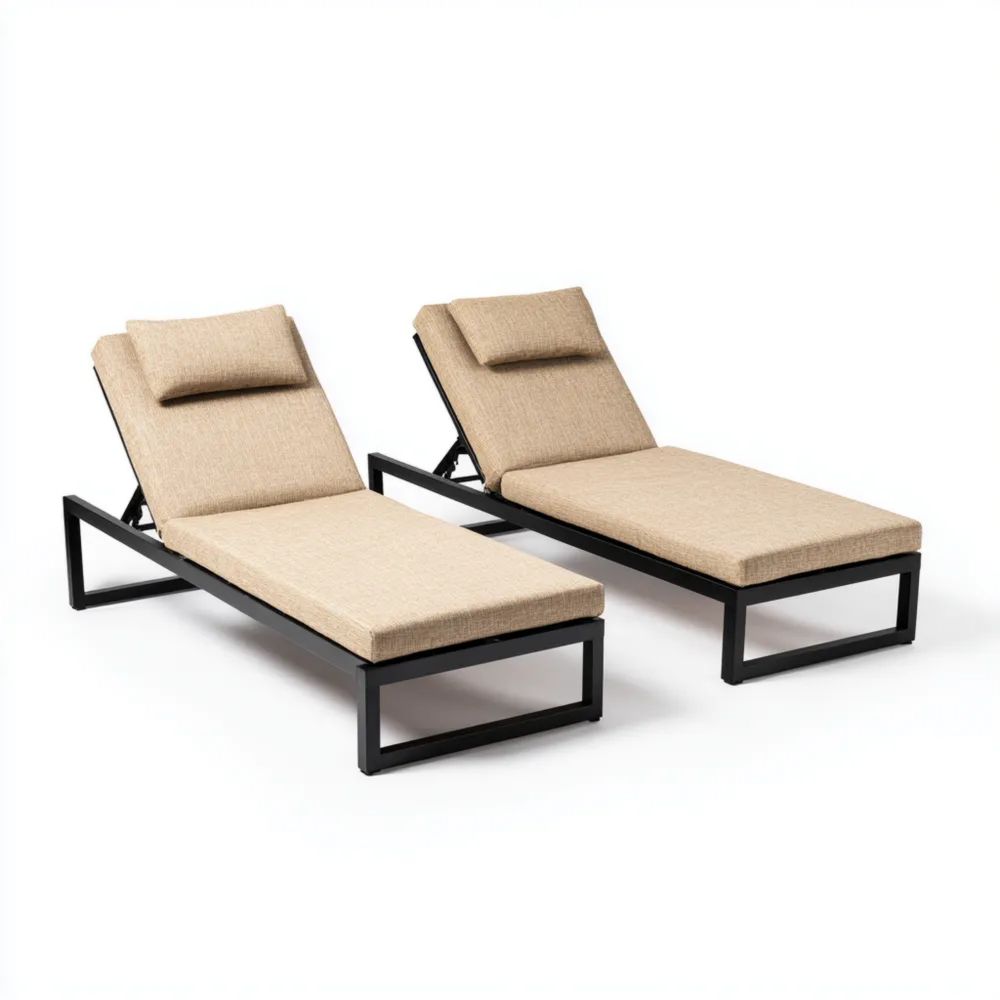 Transats de jardin en métal et tissu - 200x70x35 cm - Beige - Design moderne