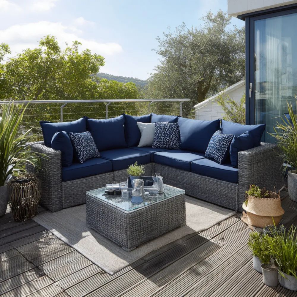 Ensemble de canapé d'extérieur en résine tressée 200x200 cm avec table basse 70x70x35 cm - Gris/Marine