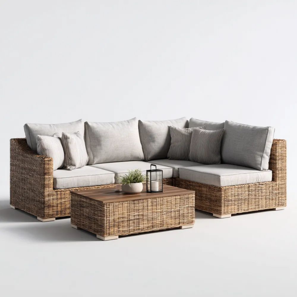 Ensemble de salon de jardin en rotin 210x180x75 cm coussins Gris - Table basse 90x60x40 cm - Design moderne