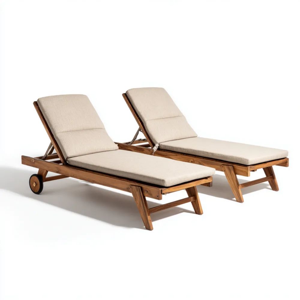 Chaises Longues de Jardin en Bois de Teck 200x65x35 cm avec Coussin Beige – Design Moderne