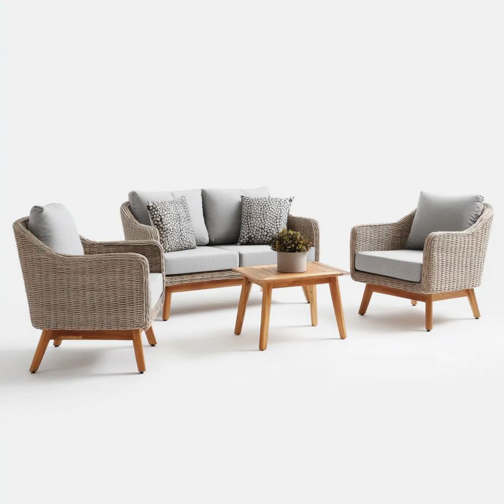 Salon de jardin en osier synthétique 75x85x78 cm 2 fauteuils et 1 canapé avec table basse 90x50x45 cm – Gris Clair