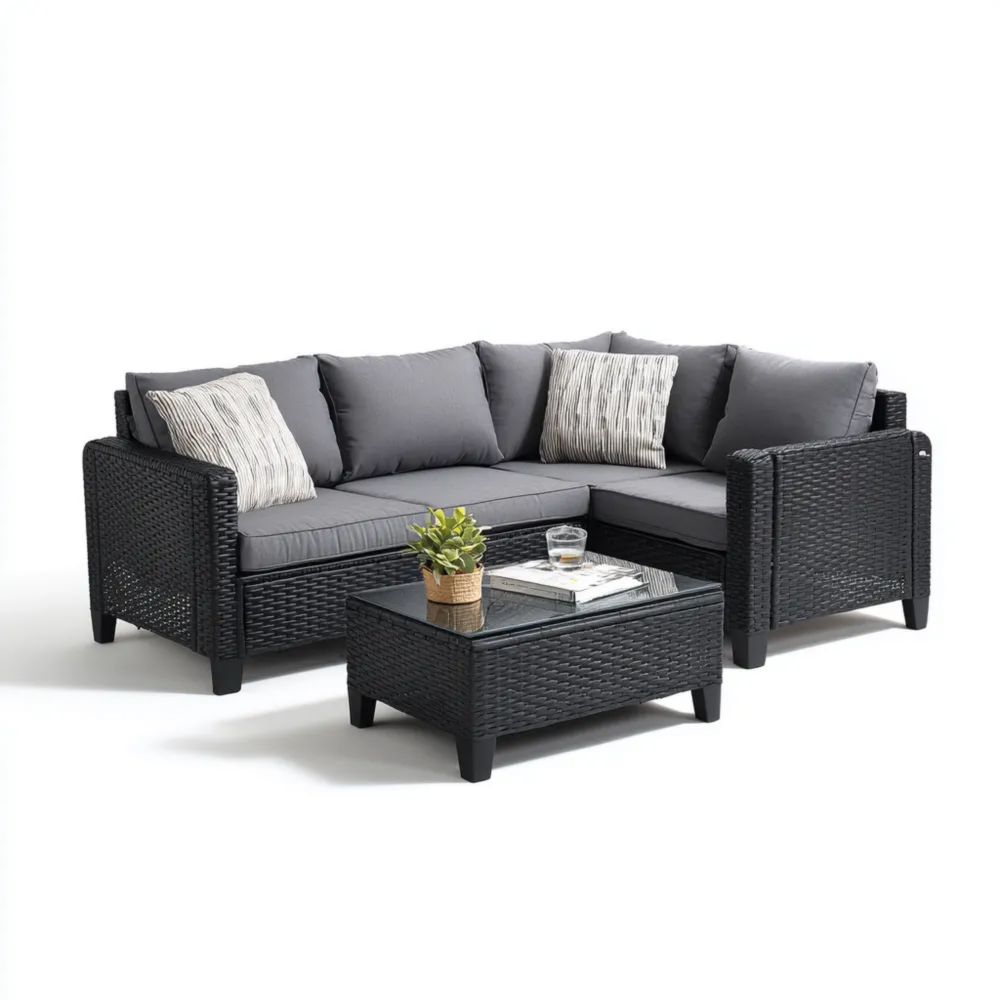 Canapé de jardin en rotin synthétique 200x150x70 cm - Gris/Noir - Design moderne