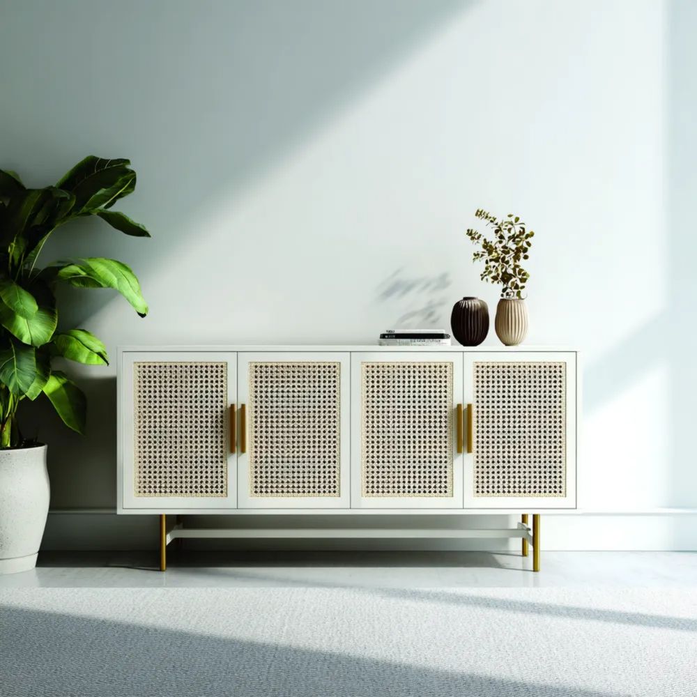 Buffet en bois avec portes en rotin 140x40x80 cm – Blanc/Doré/Rotin Naturel – Design moderne