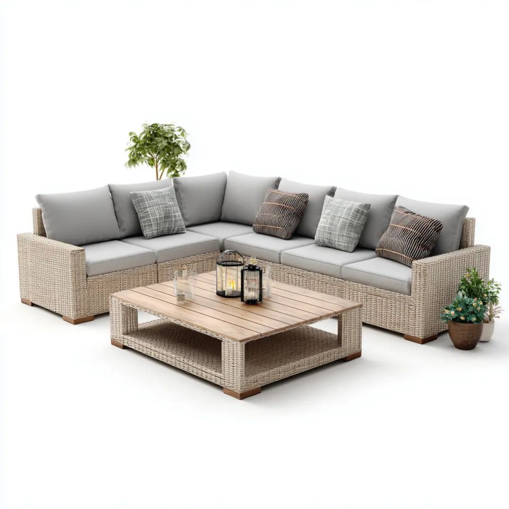 Ensemble de salon de jardin en résine tressée 350x250x75 cm avec table basse 100x60x40 cm – Gris Clair – Design Moderne