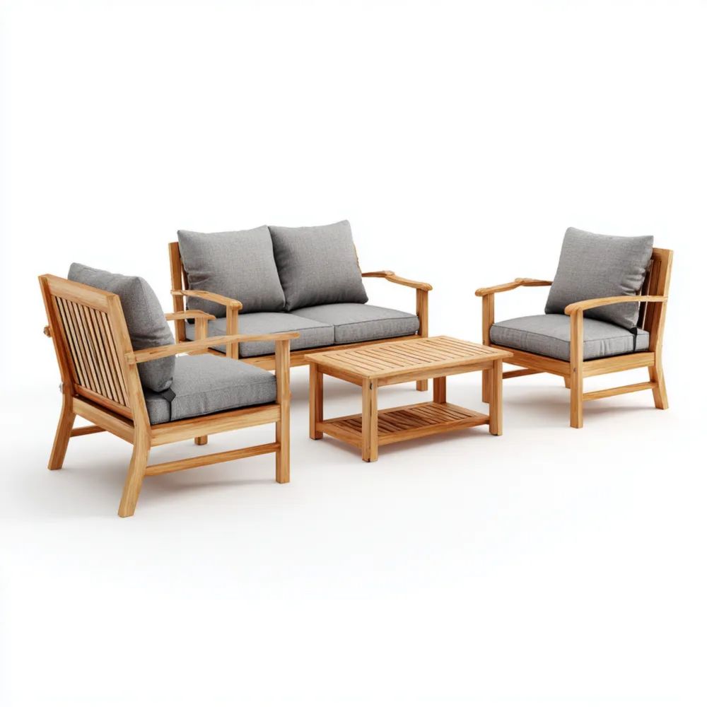 Ensemble de canapés de jardin en bois 4 pièces – Canapé 120x75x70 cm – Coussins Gris – Design moderne