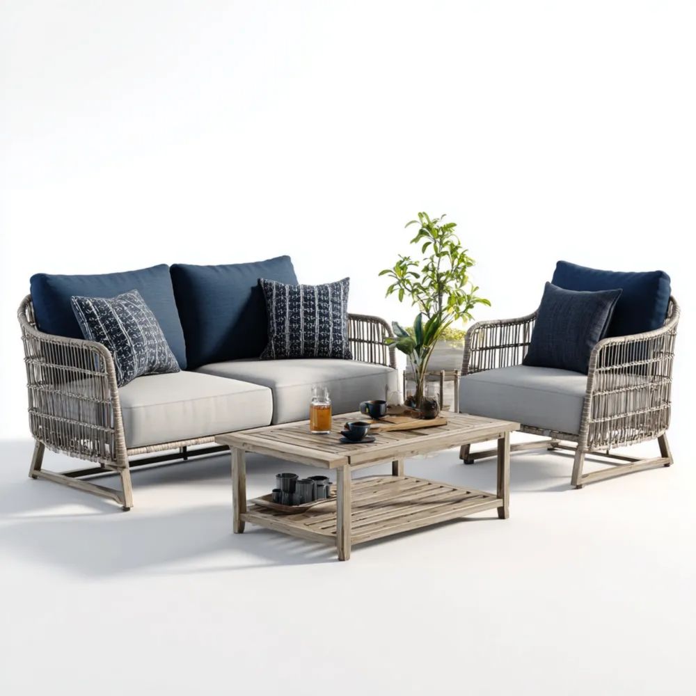 Ensemble de canapés de jardin en rotin 120x70x76 cm Coussin Gris/Bleu Design contemporain