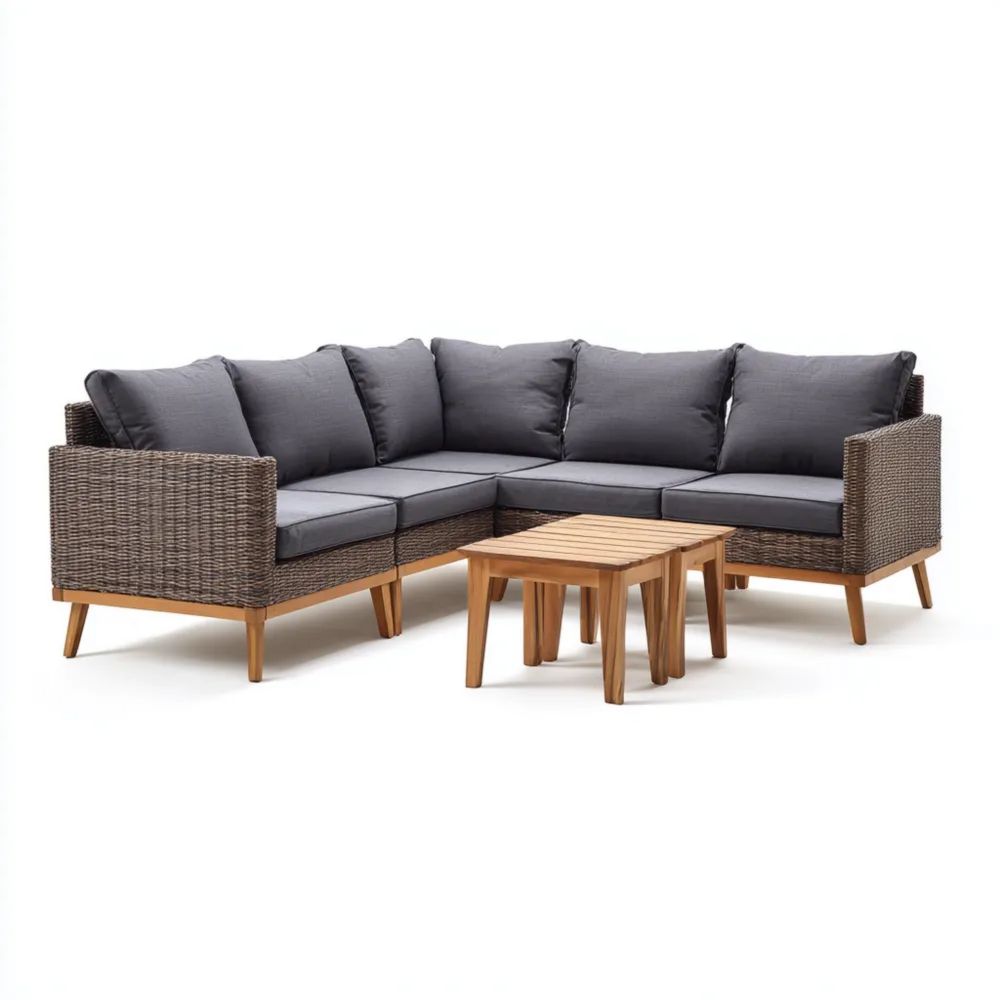 Ensemble de canapé de jardin en osier et bois 250x80x65 cm avec Coussin Gris