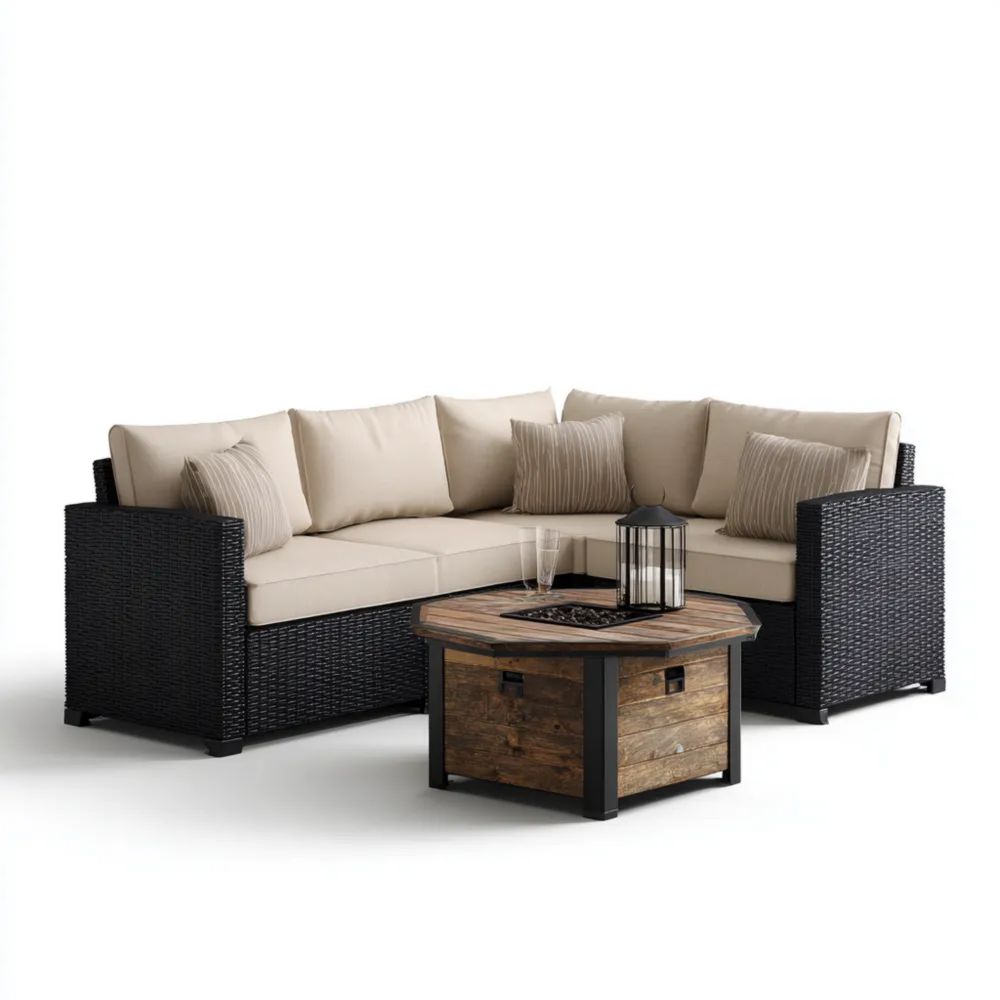 Ensemble de canapé d'extérieur résine tressée 200x200x70 cm avec table basse 80x80x40 cm – Noir/Beige – Design contemporain