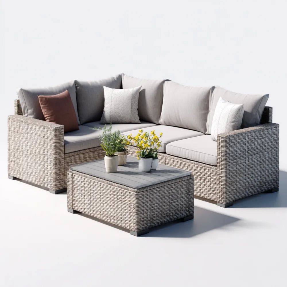 Ensemble de canapé d'angle en résine tressée 200x78x64 cm – Gris Clair – Design Moderne