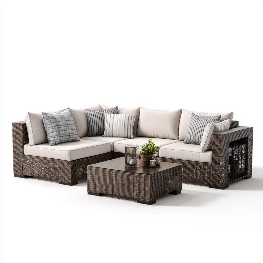 Ensemble de canapés d'angle en résine tressée 210x70x65 cm - Beige/Marron - Design contemporain