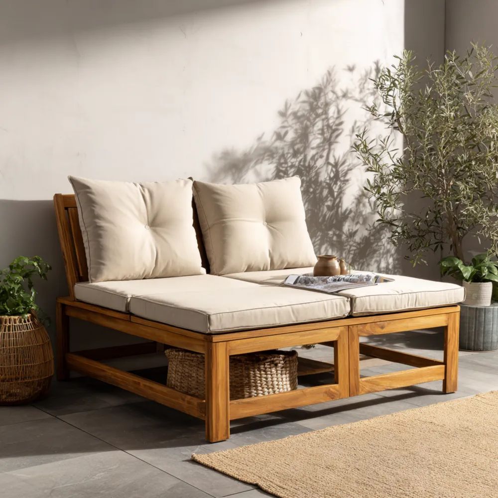 Chaise longue de jardin en bois d'acacia avec coussins Beige – 170x120x40 cm – Design moderne