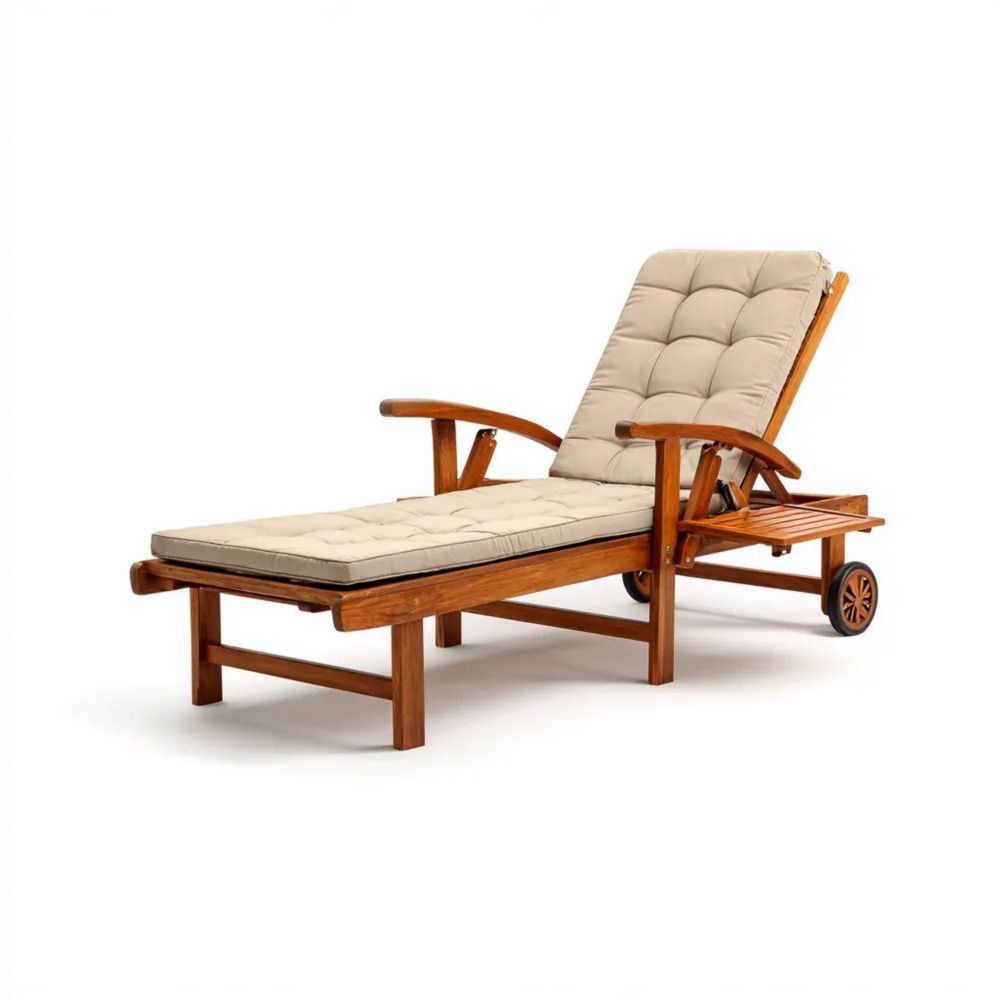 Chaise longue de jardin en bois d'acacia 200x65x90 cm avec coussin Beige