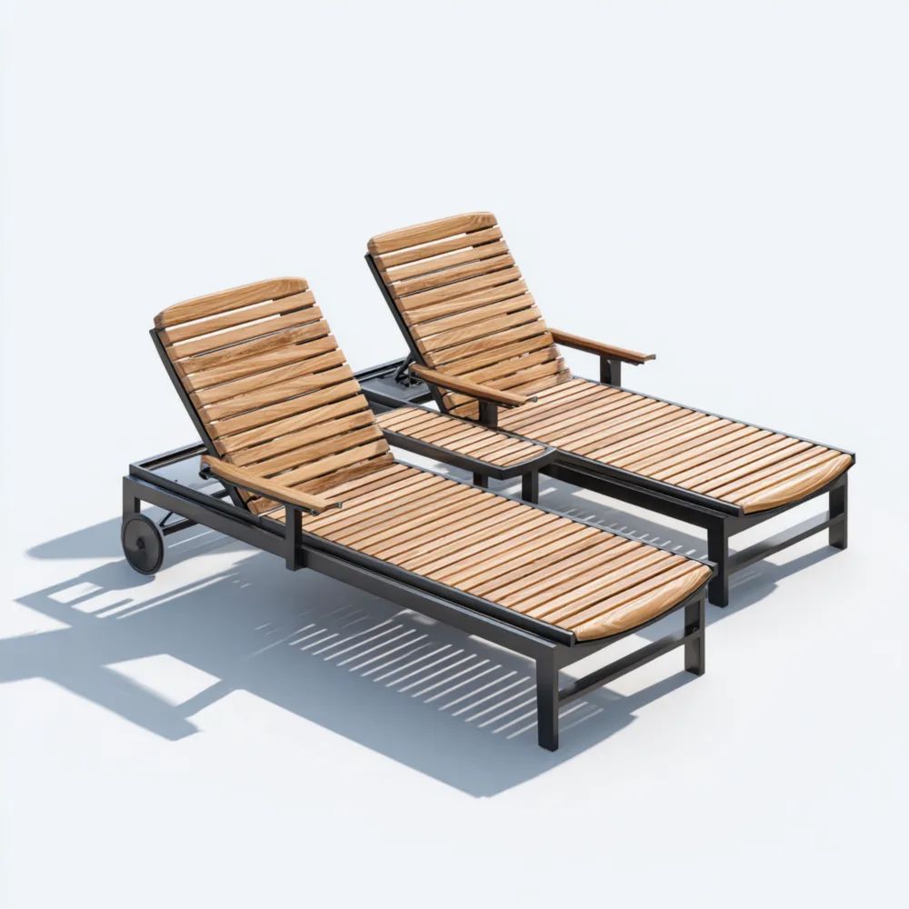 Transats de jardin en Bois de teck et métal - Ajustable 200x65x35 cm