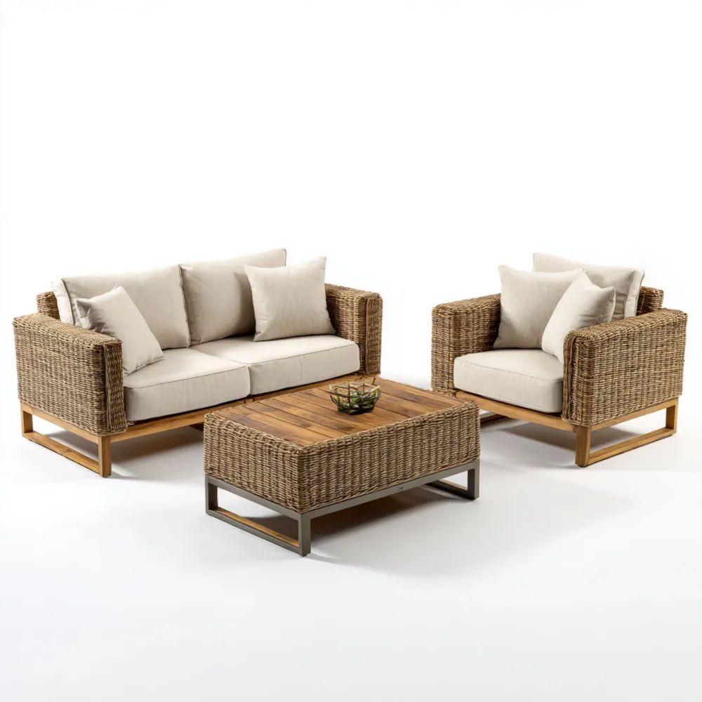 Ensemble de canapé de jardin en rotin et bois 160x85x75 cm – Beige – Design contemporain