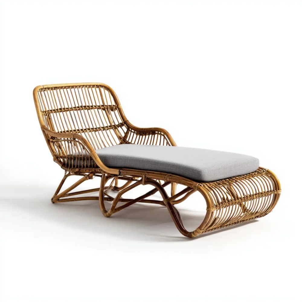 Bain de soleil en rotin 190x65x80 cm avec coussin Gris