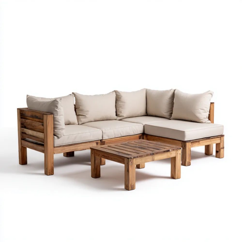 Salon de jardin en bois d'acacia 200x200x75 cm avec table basse 100x60x40 cm et coussins Beige