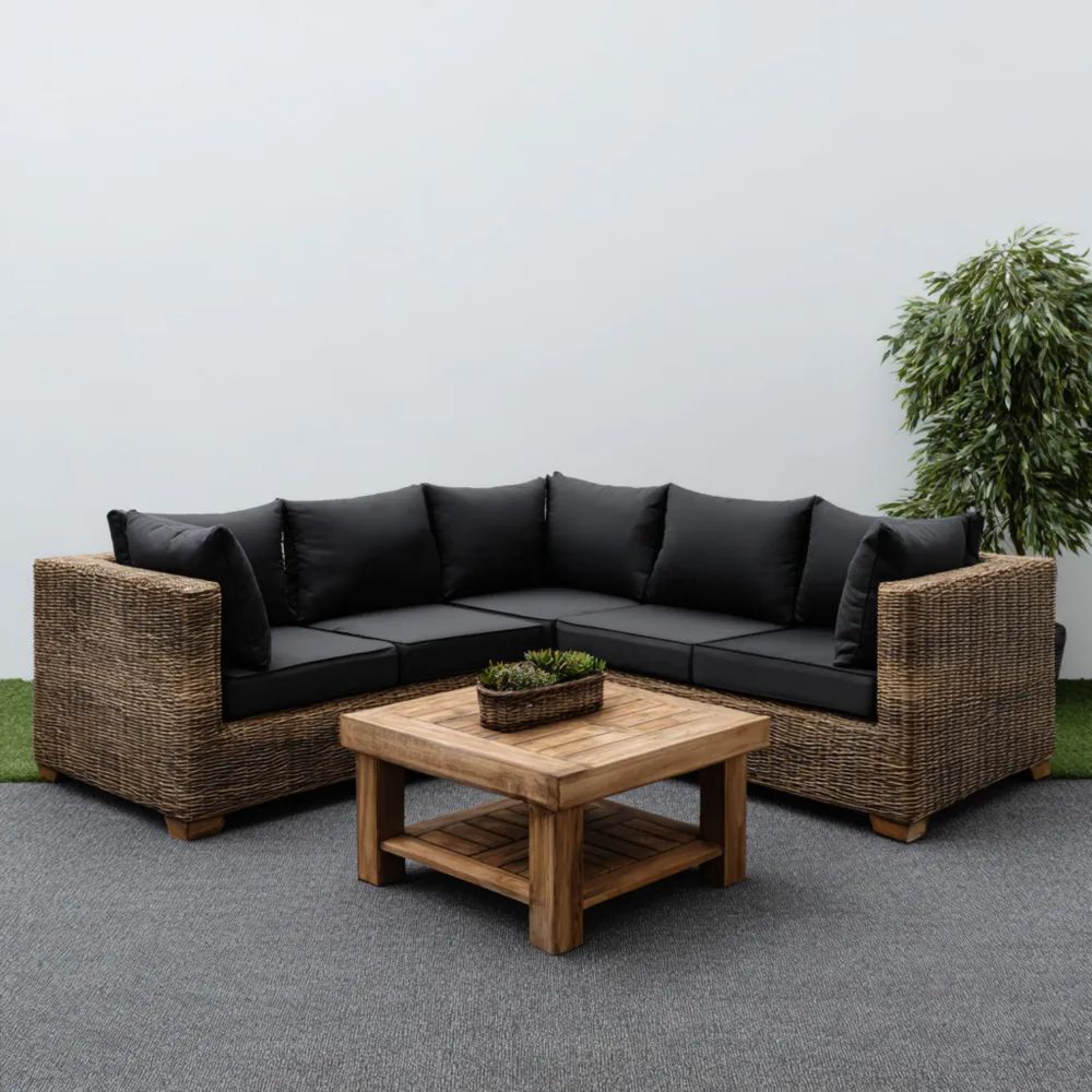Ensemble de canapé d'angle extérieur résine tressée 200x200x75 cm - Coussins Noirs - Design Naturel