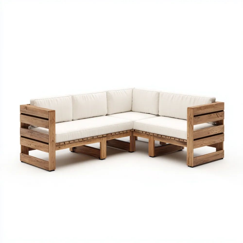 Canapé d'angle de jardin - Bois d'acacia 210x210x70 cm - Blanc Crème - Design rustique
