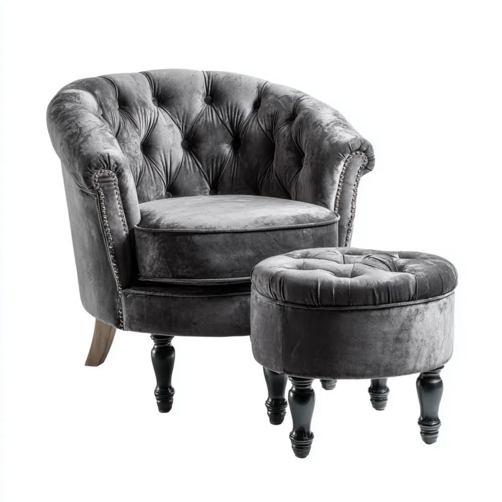Relaxsessel mit Hocker - Samt 75x70x95 cm – Dunkelgrau – Klassischer Stil
