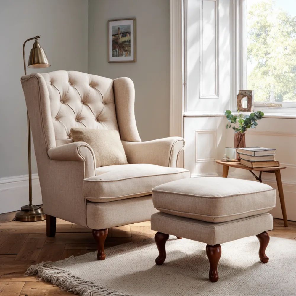 Ohrensessel mit Hocker Stoffbezug 75x85x100 cm – Beige – Klassisches Design